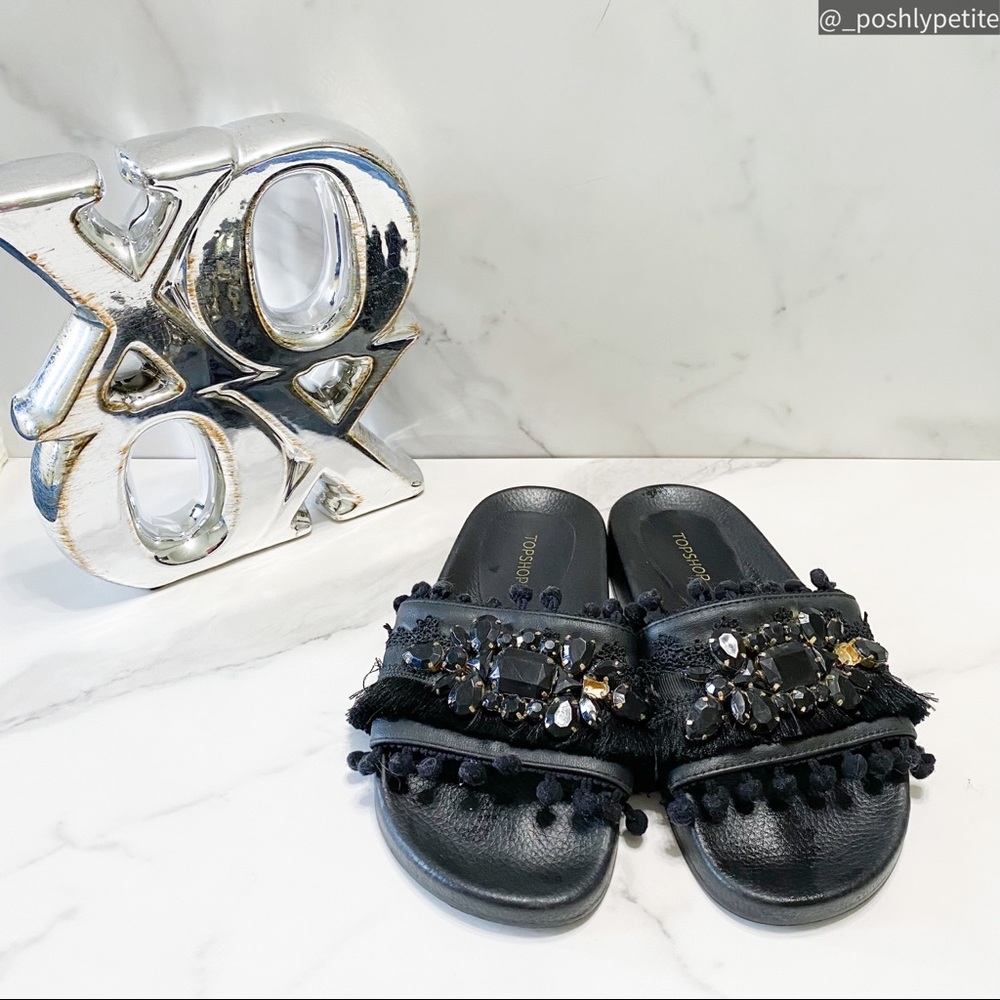 Topshop 36 black crystal slide sandal with poms